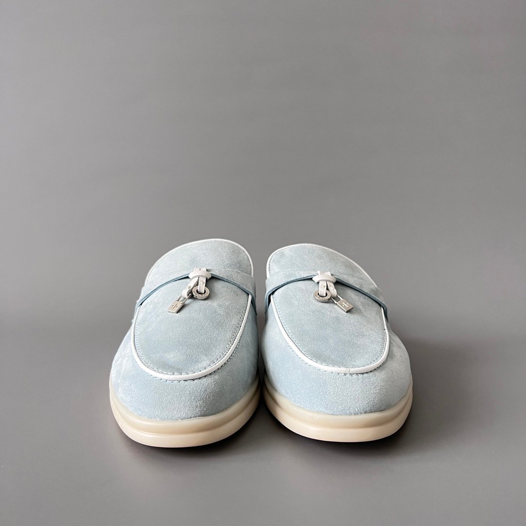 Aurora Custom Loro Piana Classic Summer Charms Walk Mule - Glacier Blue Suede with White Contrast Piping (Women's Edition) - Image 2