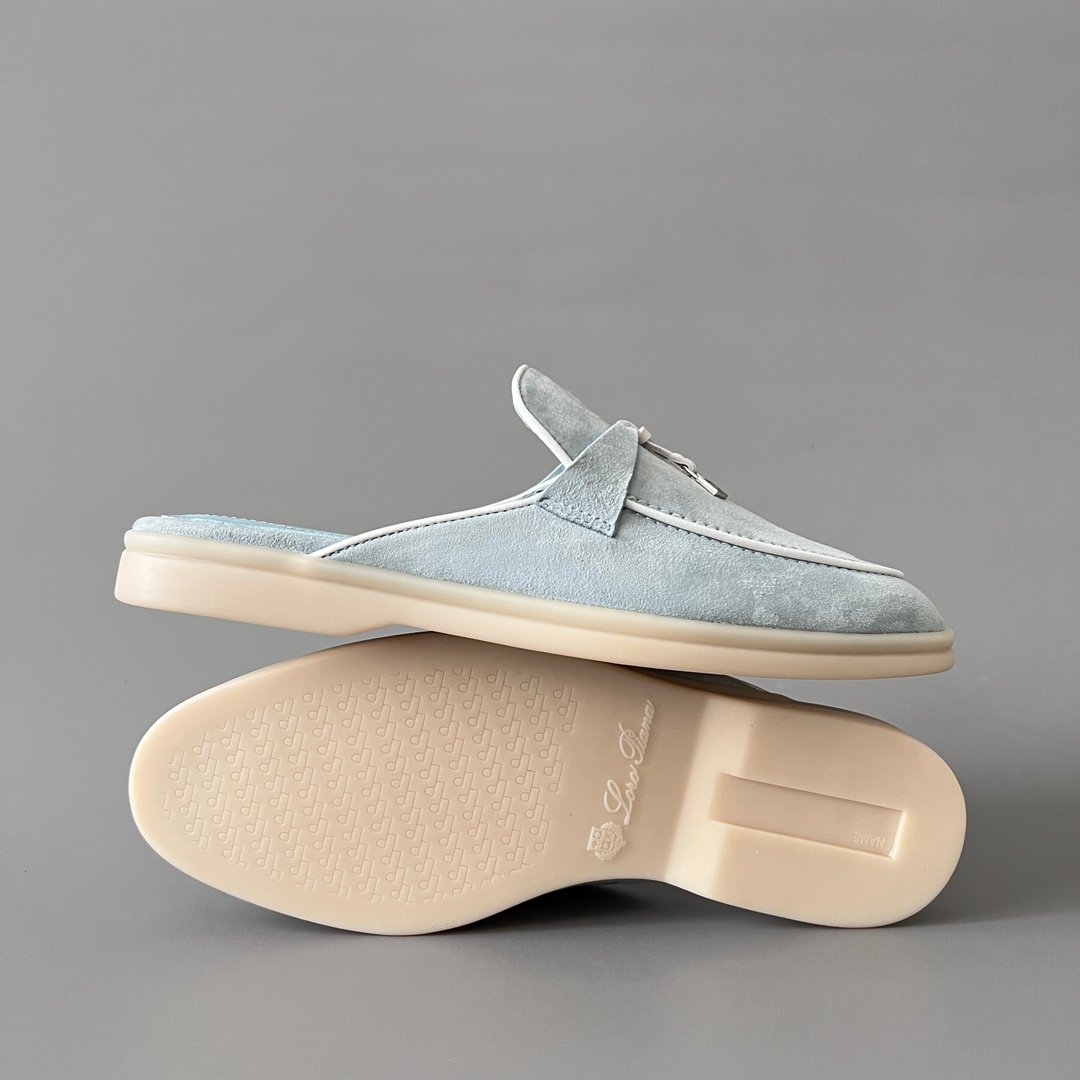 Aurora Custom Loro Piana Classic Summer Charms Walk Mule - Glacier Blue Suede with White Contrast Piping (Women's Edition) - Image 6