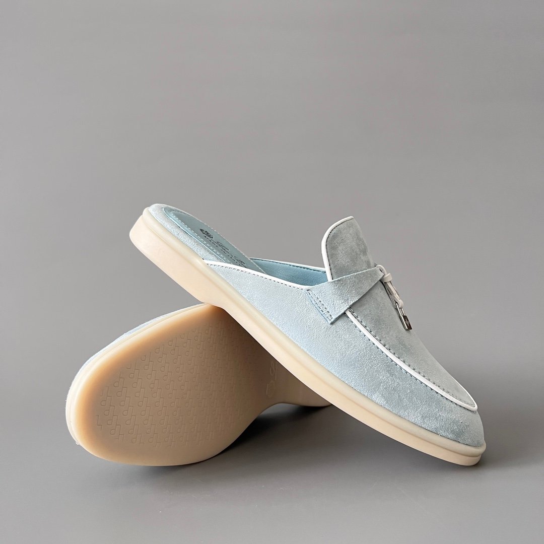 Aurora Custom Loro Piana Classic Summer Charms Walk Mule - Glacier Blue Suede with White Contrast Piping (Women's Edition) - Image 7