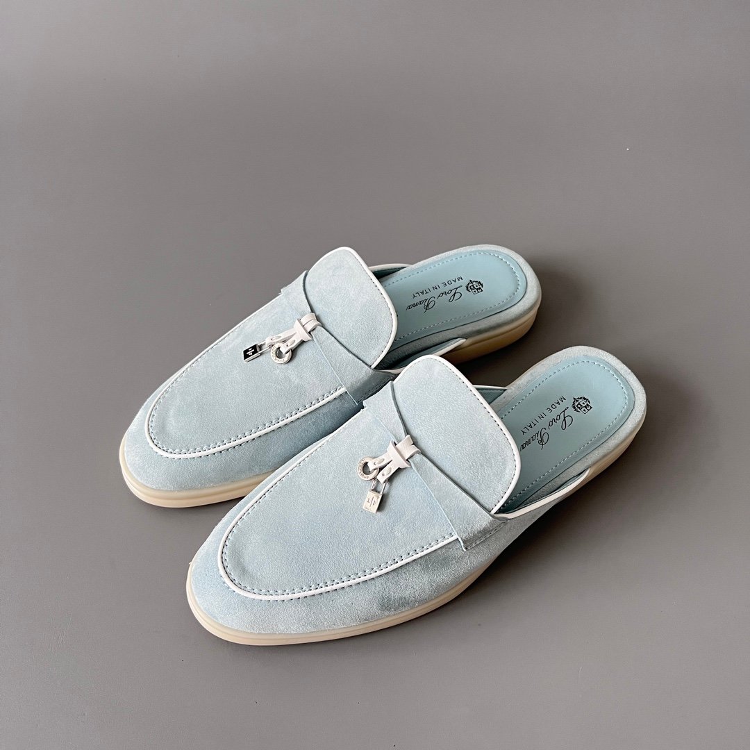 Aurora Custom Loro Piana Classic Summer Charms Walk Mule - Glacier Blue Suede with White Contrast Piping (Women's Edition) - Image 8