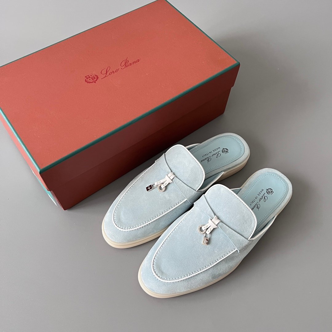 Aurora Custom Loro Piana Classic Summer Charms Walk Mule - Glacier Blue Suede with White Contrast Piping (Women's Edition) - Image 9