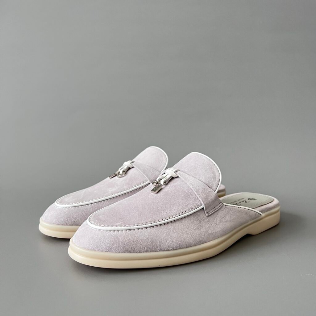 Aurora Custom Loro Piana Classic Summer Charms Walk Mule - Wisteria Grey Suede with White Contrast Piping (Women's Edition)