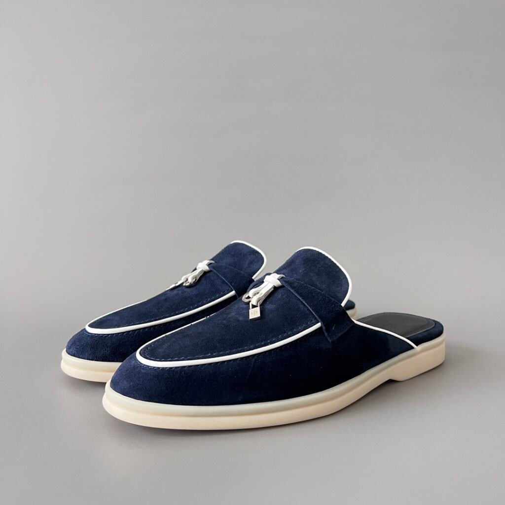 Aurora Custom Loro Piana Classic Summer Charms Walk Mule - Midnight Navy Suede with White Contrast Piping (Women's Edition)