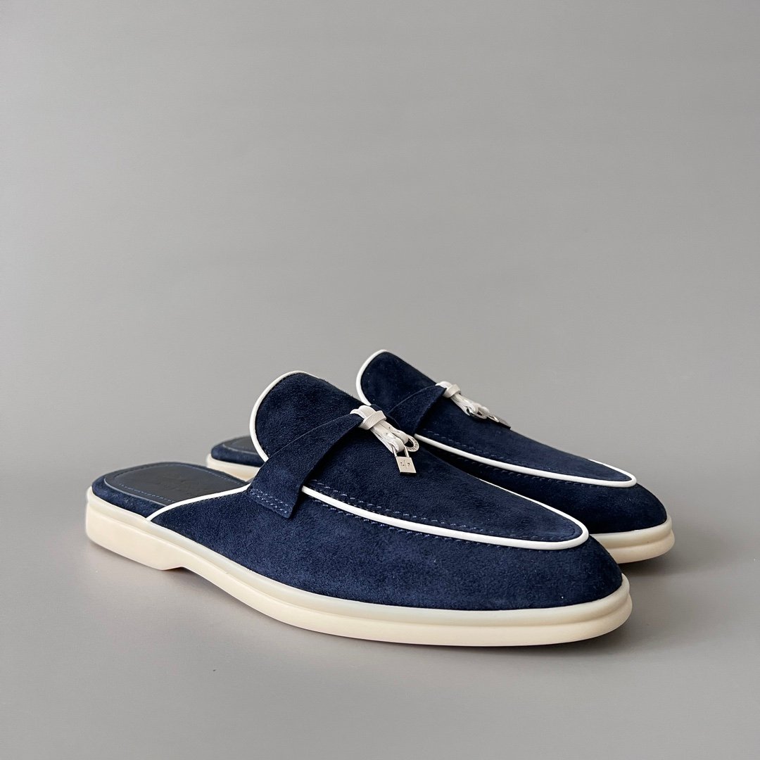 Aurora Custom Loro Piana Classic Summer Charms Walk Mule - Midnight Navy Suede with White Contrast Piping (Women's Edition) - Image 3