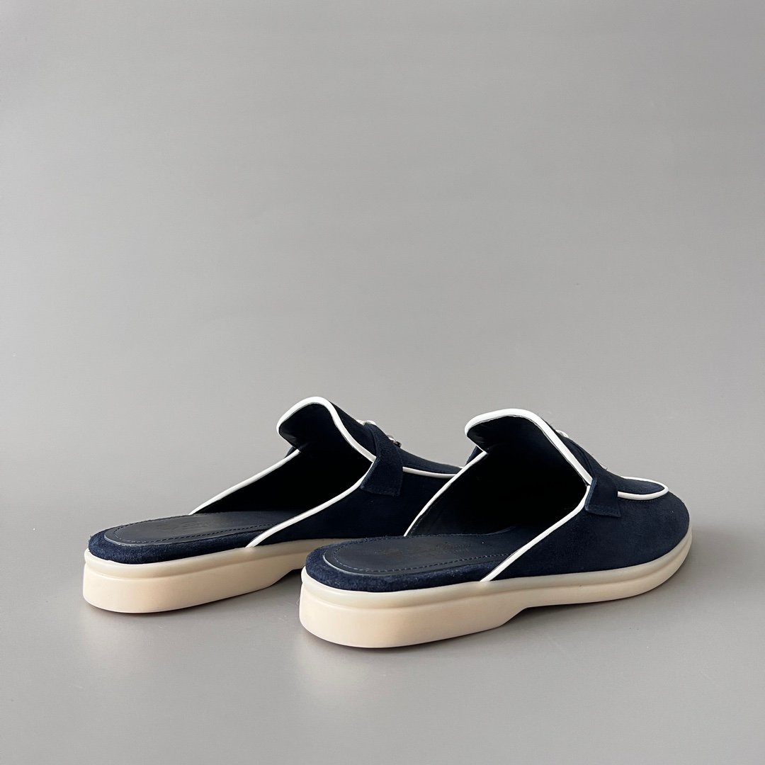 Aurora Custom Loro Piana Classic Summer Charms Walk Mule - Midnight Navy Suede with White Contrast Piping (Women's Edition) - Image 4