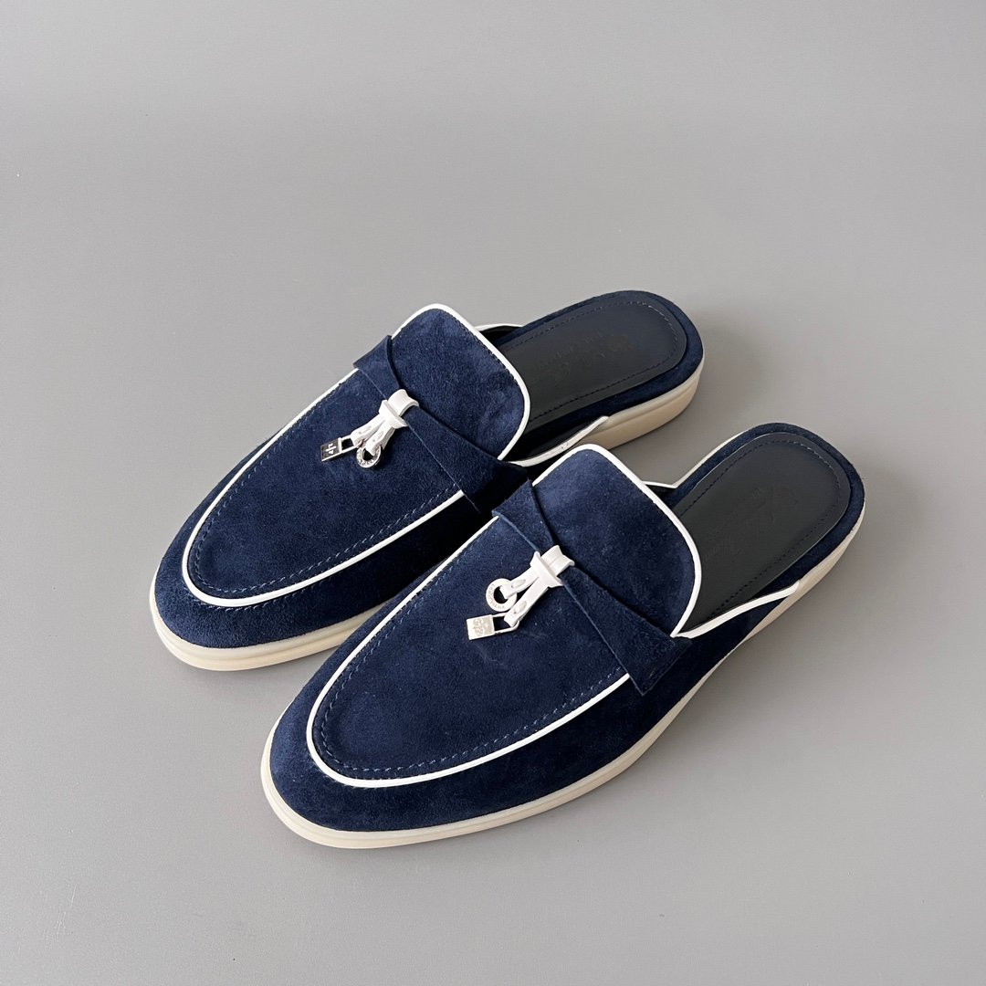 Aurora Custom Loro Piana Classic Summer Charms Walk Mule - Midnight Navy Suede with White Contrast Piping (Women's Edition) - Image 8