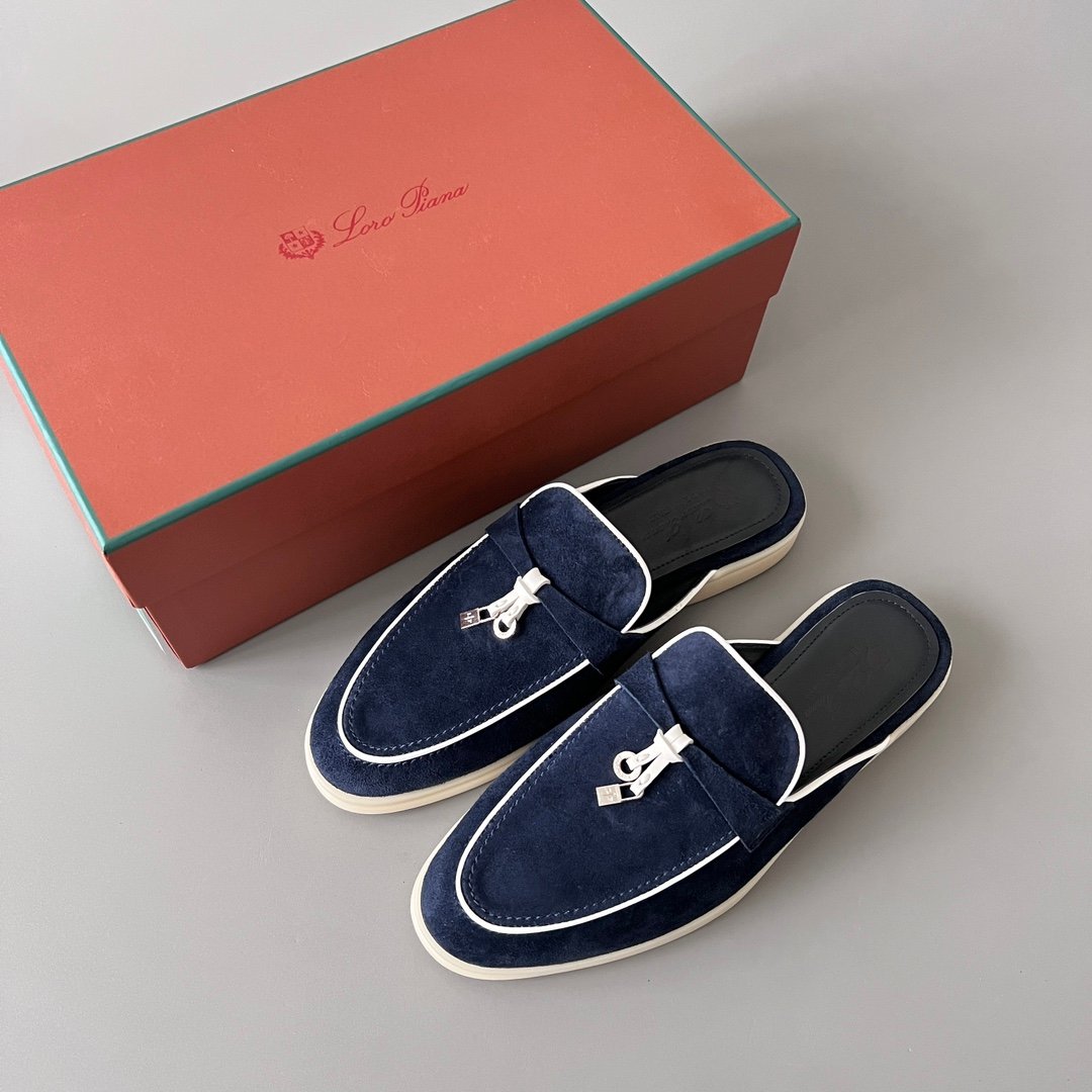Aurora Custom Loro Piana Classic Summer Charms Walk Mule - Midnight Navy Suede with White Contrast Piping (Women's Edition) - Image 9