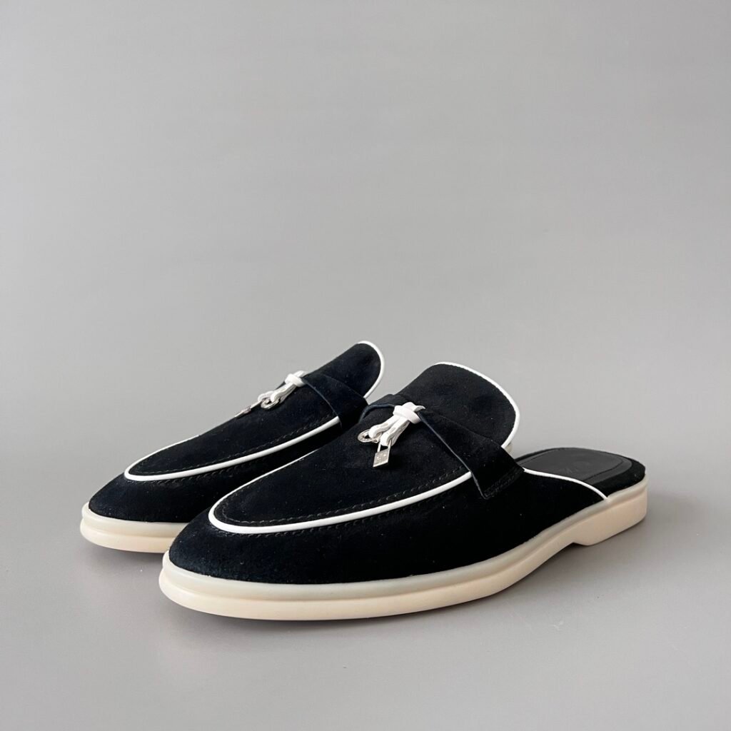 Aurora Custom Loro Piana Classic Summer Charms Walk Mule - Black Suede with White Contrast Piping (Women's Edition)