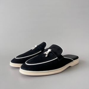 Aurora Custom Loro Piana Classic Summer Charms Walk Mule - Black Suede with White Contrast Piping (Women's Edition)