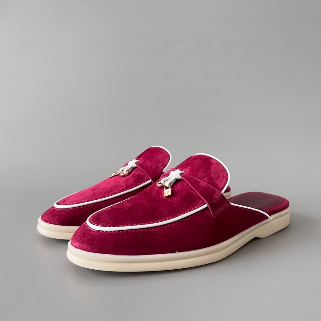 Aurora Custom Loro Piana Classic Summer Charms Walk Mule - Raspberry Suede with White Contrast Piping (Women's Edition)