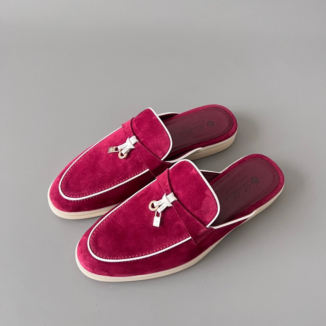 Aurora Custom Loro Piana Classic Summer Charms Walk Mule - Raspberry Suede with White Contrast Piping (Women's Edition) - Image 8