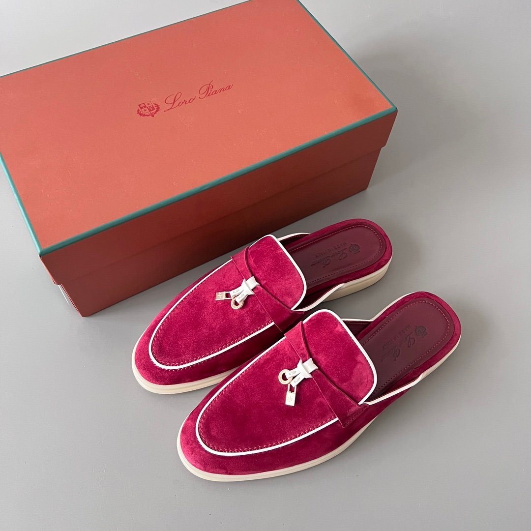 Aurora Custom Loro Piana Classic Summer Charms Walk Mule - Raspberry Suede with White Contrast Piping (Women's Edition) - Image 9