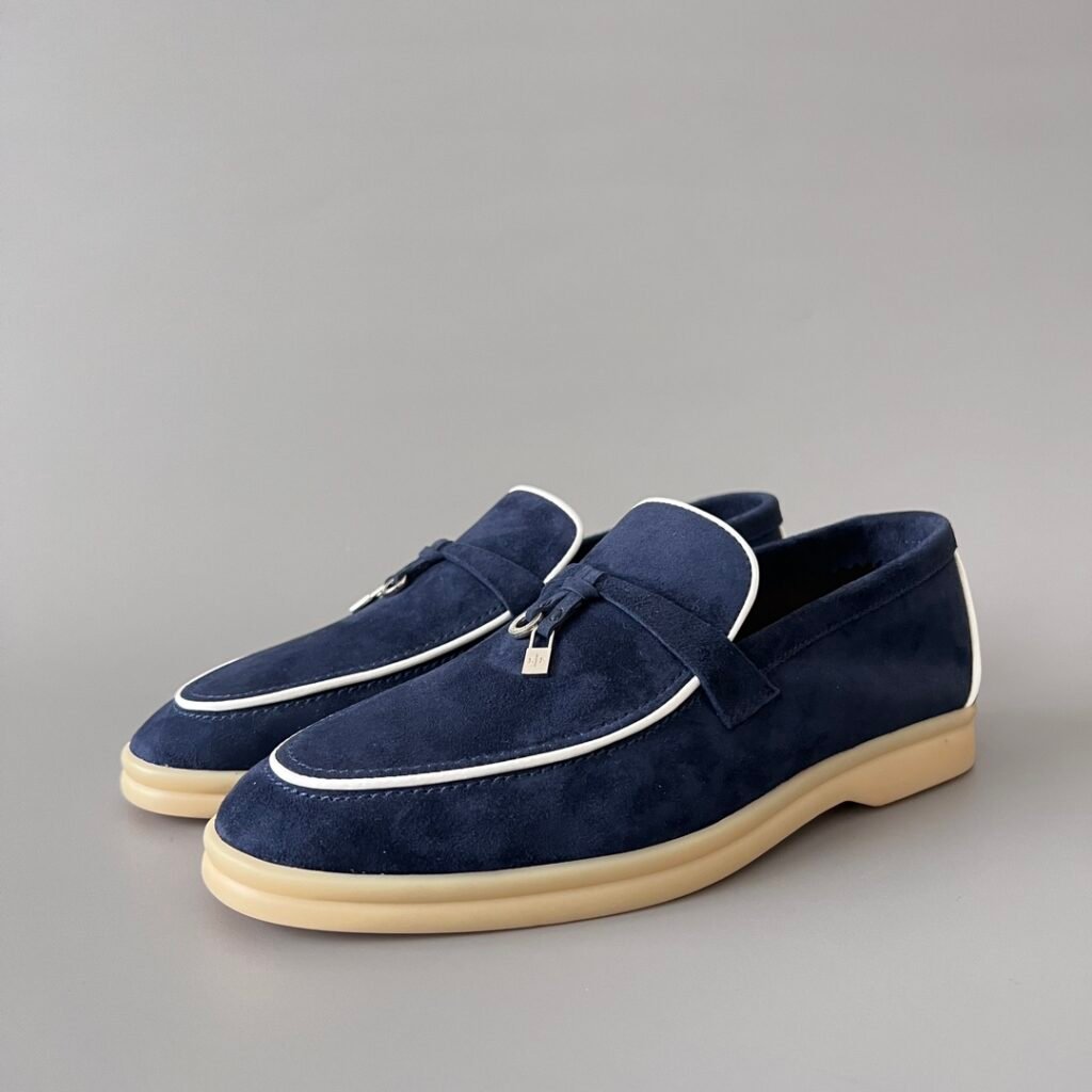 Aurora Custom Loro Piana Classic Summer Charms Walk Loafer - Midnight Navy Suede with White Contrast Piping (Women's Edition)