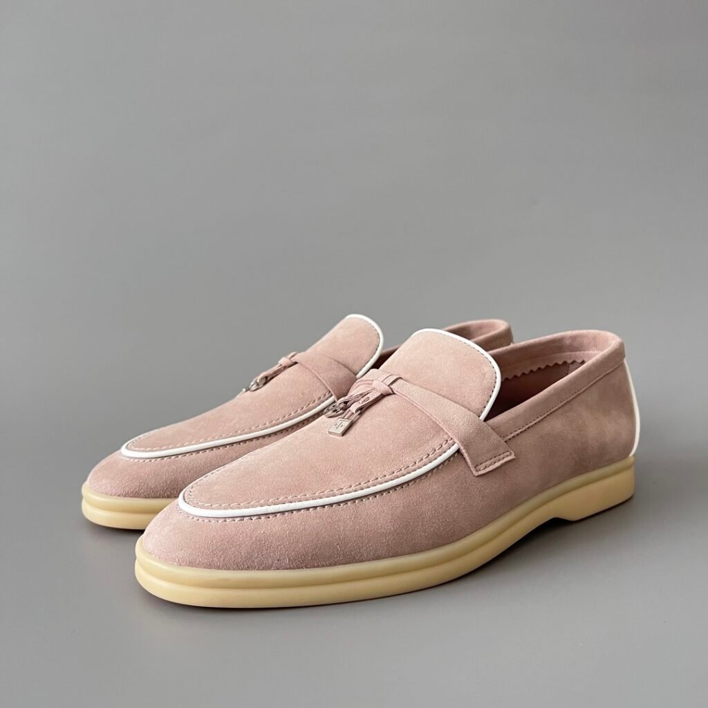 Aurora Custom Loro Piana Classic Summer Charms Walk Loafer - Blossom Pink Suede with White Contrast Piping (Women's Edition)