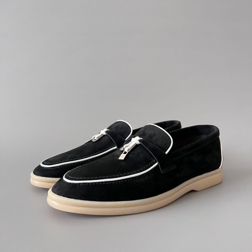 Aurora Custom Loro Piana Classic Summer Charms Walk Loafer - Black Suede with White Contrast Piping (Women's Edition)