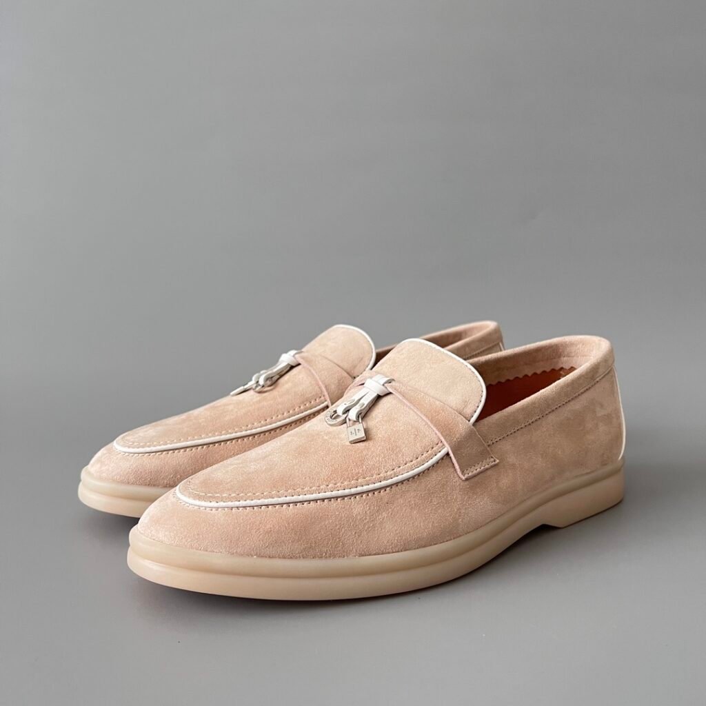 Aurora Custom Loro Piana Classic Summer Charms Walk Loafer - Oatmeal Beige Suede with White Contrast Piping (Women's Edition)