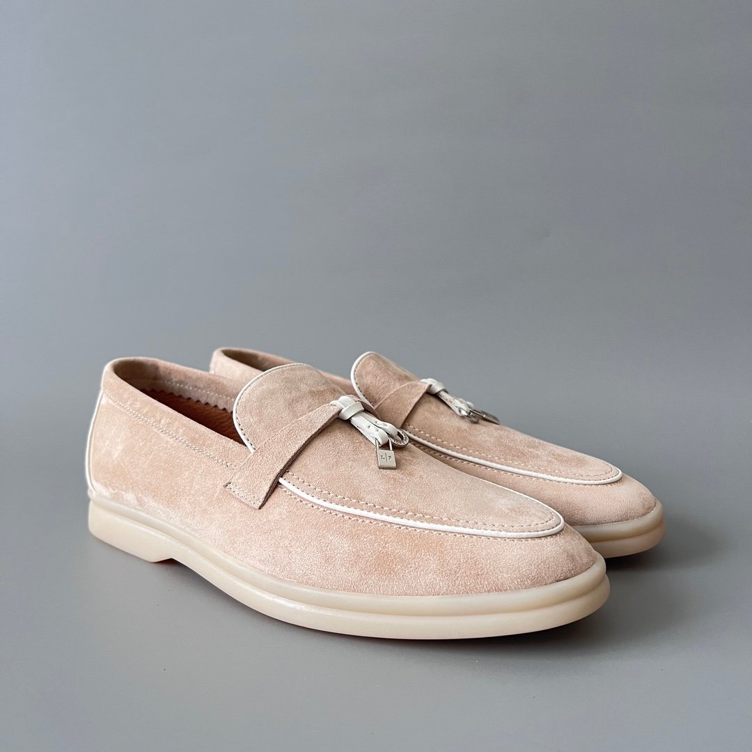 Aurora Custom Loro Piana Classic Summer Charms Walk Loafer - Oatmeal Beige Suede with White Contrast Piping (Women's Edition) - Image 3
