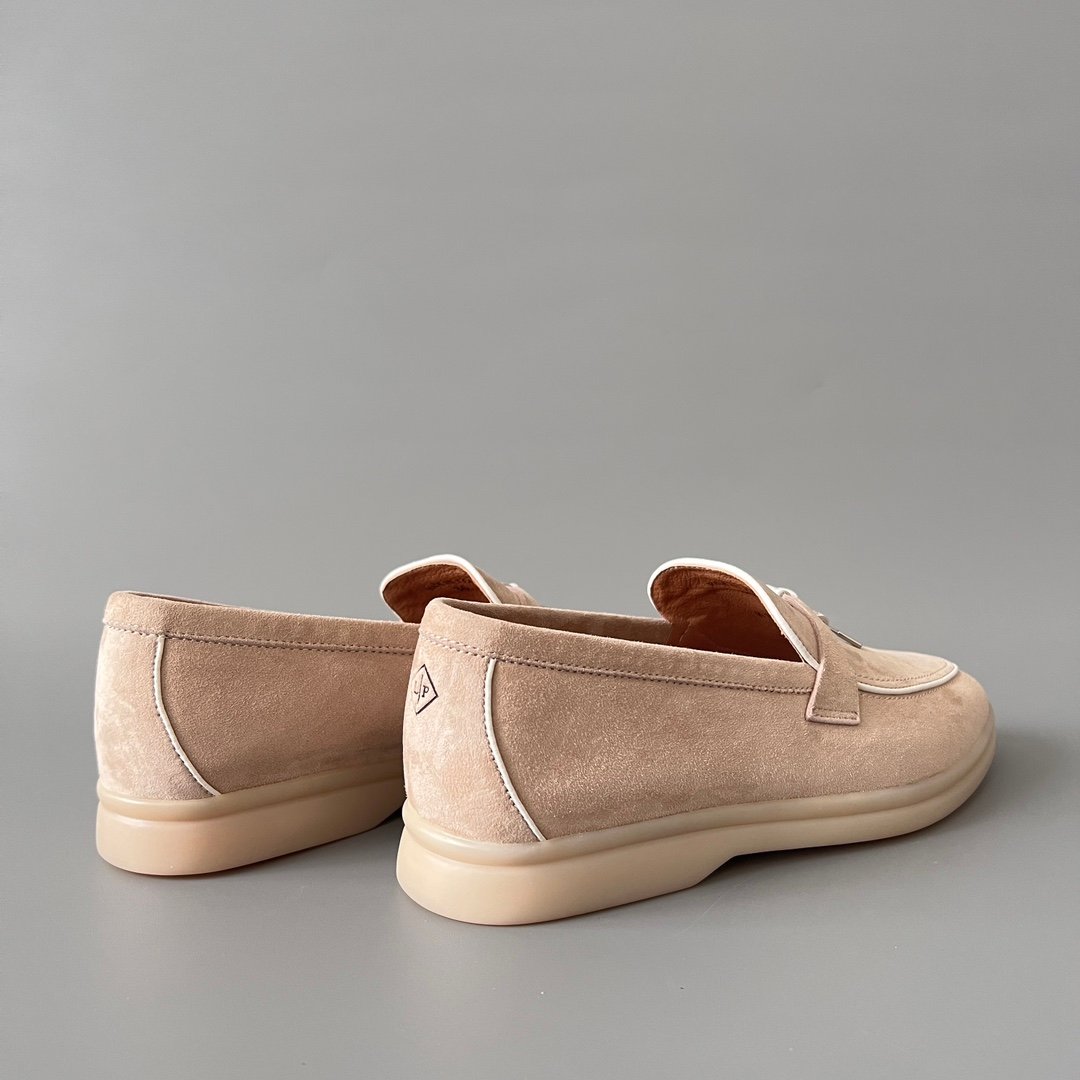 Aurora Custom Loro Piana Classic Summer Charms Walk Loafer - Oatmeal Beige Suede with White Contrast Piping (Women's Edition) - Image 4