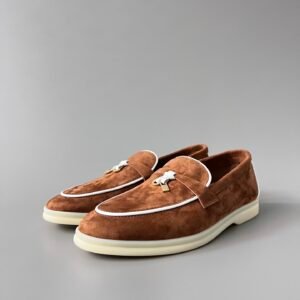 Aurora Custom Loro Piana Classic Summer Charms Walk Loafer - Tobacco Brown Suede with White Contrast Piping (Women's Edition)