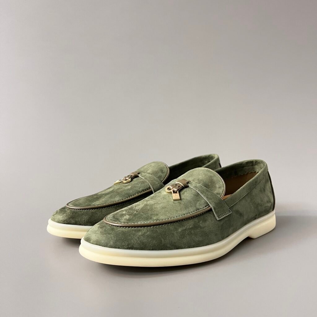 Aurora Custom Loro Piana Classic Summer Charms Walk Loafer - Sage Green Suede with Olive Contrast Piping (Women's Edition)