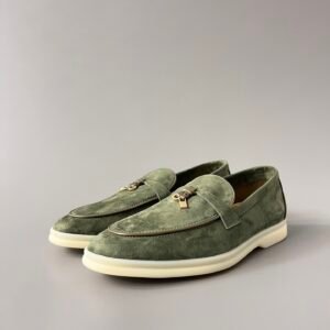 Aurora Custom Loro Piana Classic Summer Charms Walk Loafer - Sage Green Suede with Olive Contrast Piping (Women's Edition)