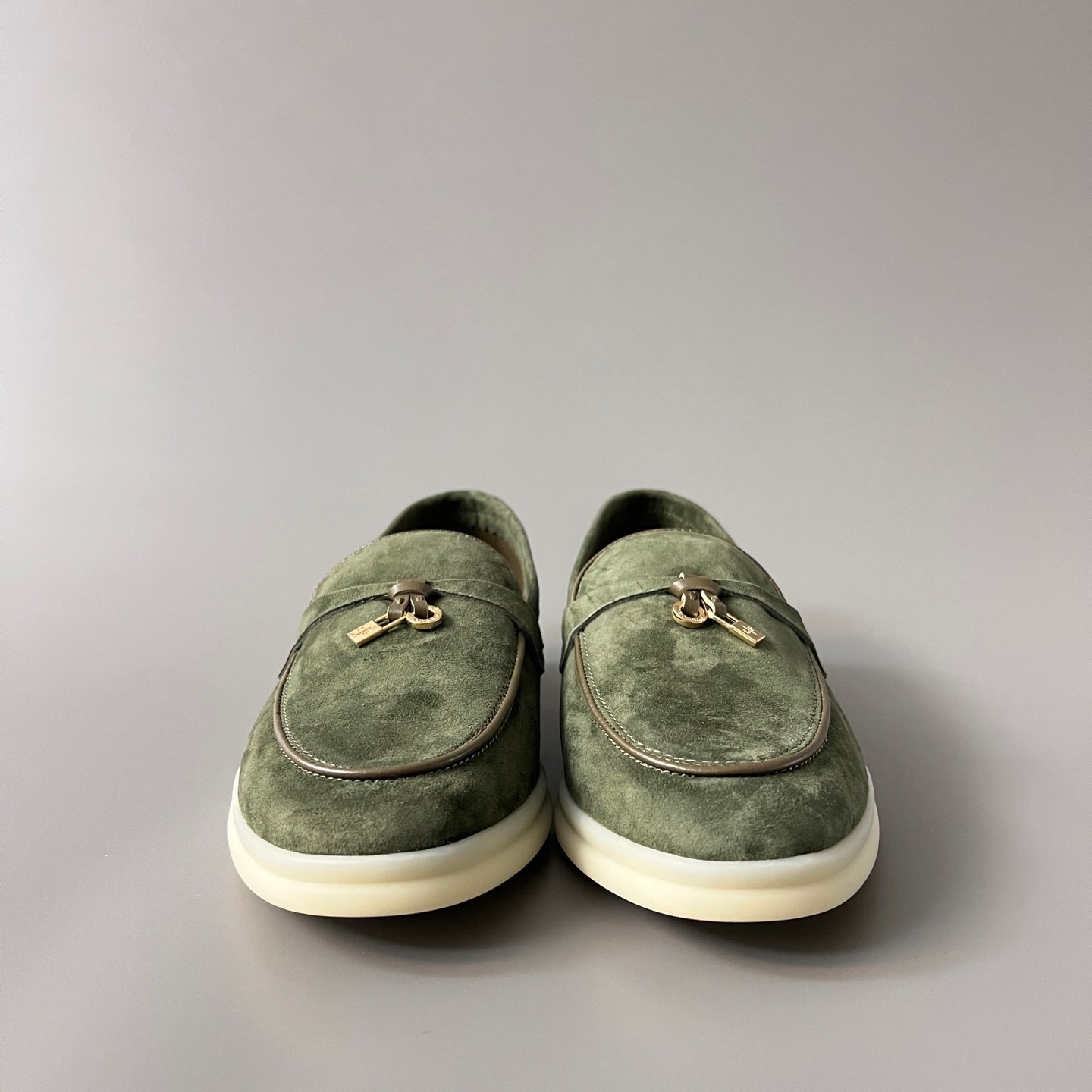 Aurora Custom Loro Piana Classic Summer Charms Walk Loafer - Sage Green Suede with Olive Contrast Piping (Women's Edition) - Image 2