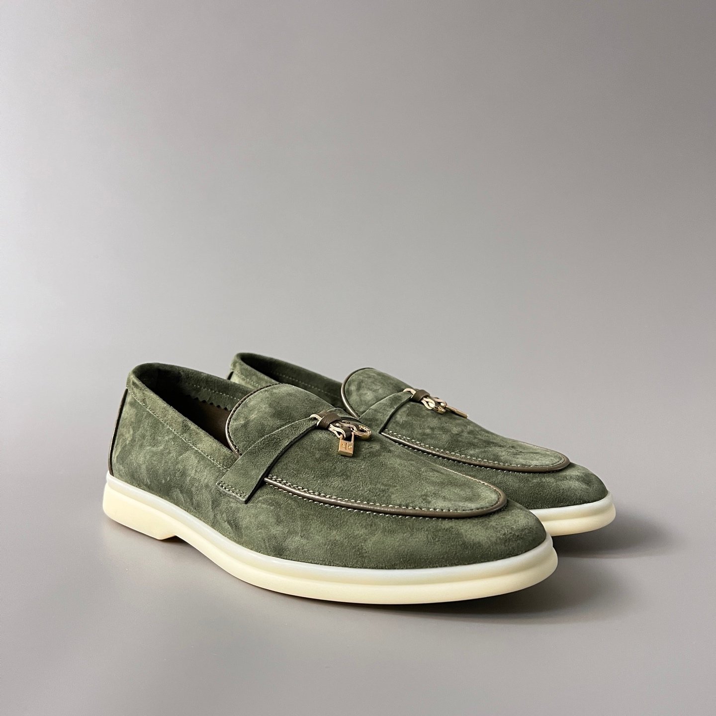Aurora Custom Loro Piana Classic Summer Charms Walk Loafer - Sage Green Suede with Olive Contrast Piping (Women's Edition) - Image 3