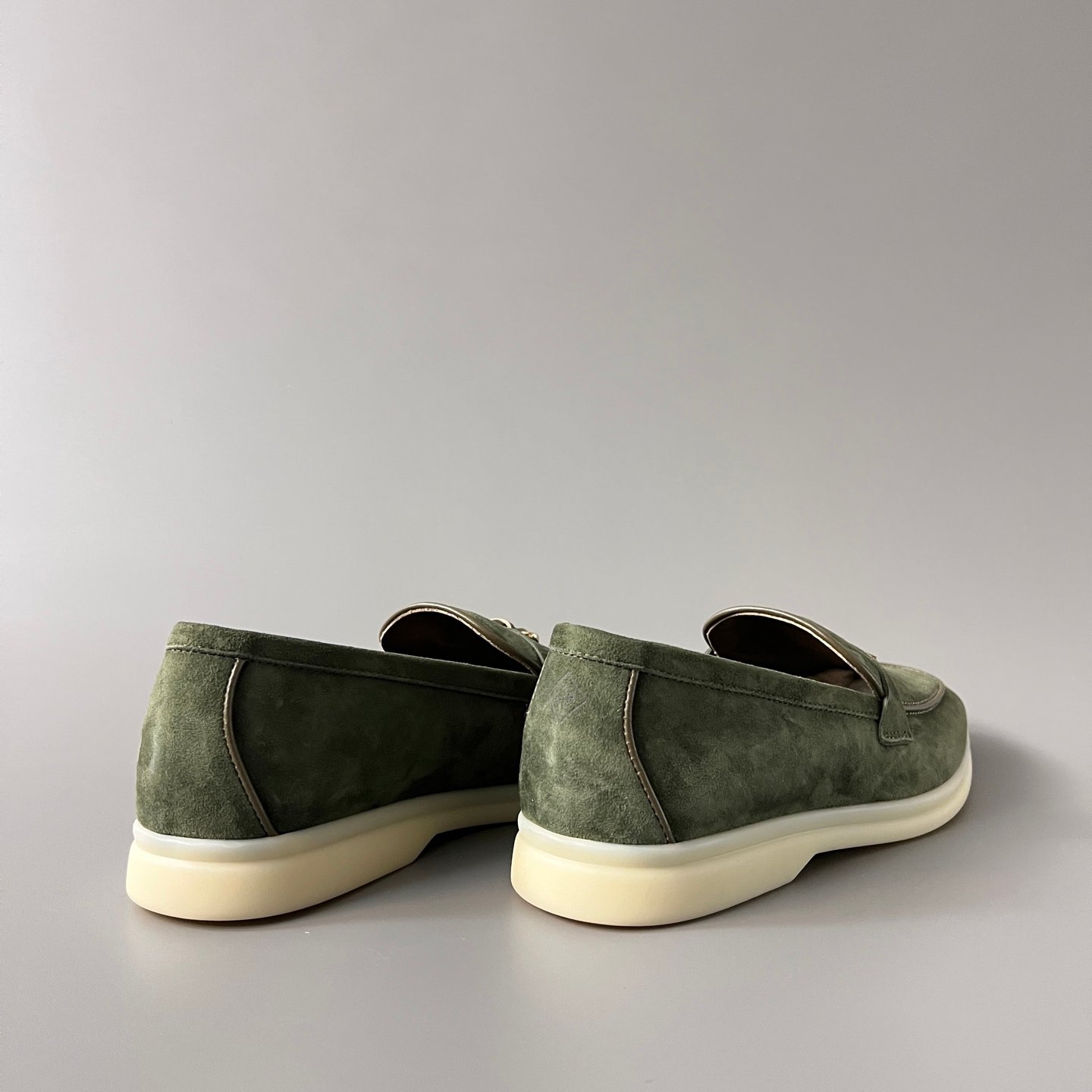 Aurora Custom Loro Piana Classic Summer Charms Walk Loafer - Sage Green Suede with Olive Contrast Piping (Women's Edition) - Image 4