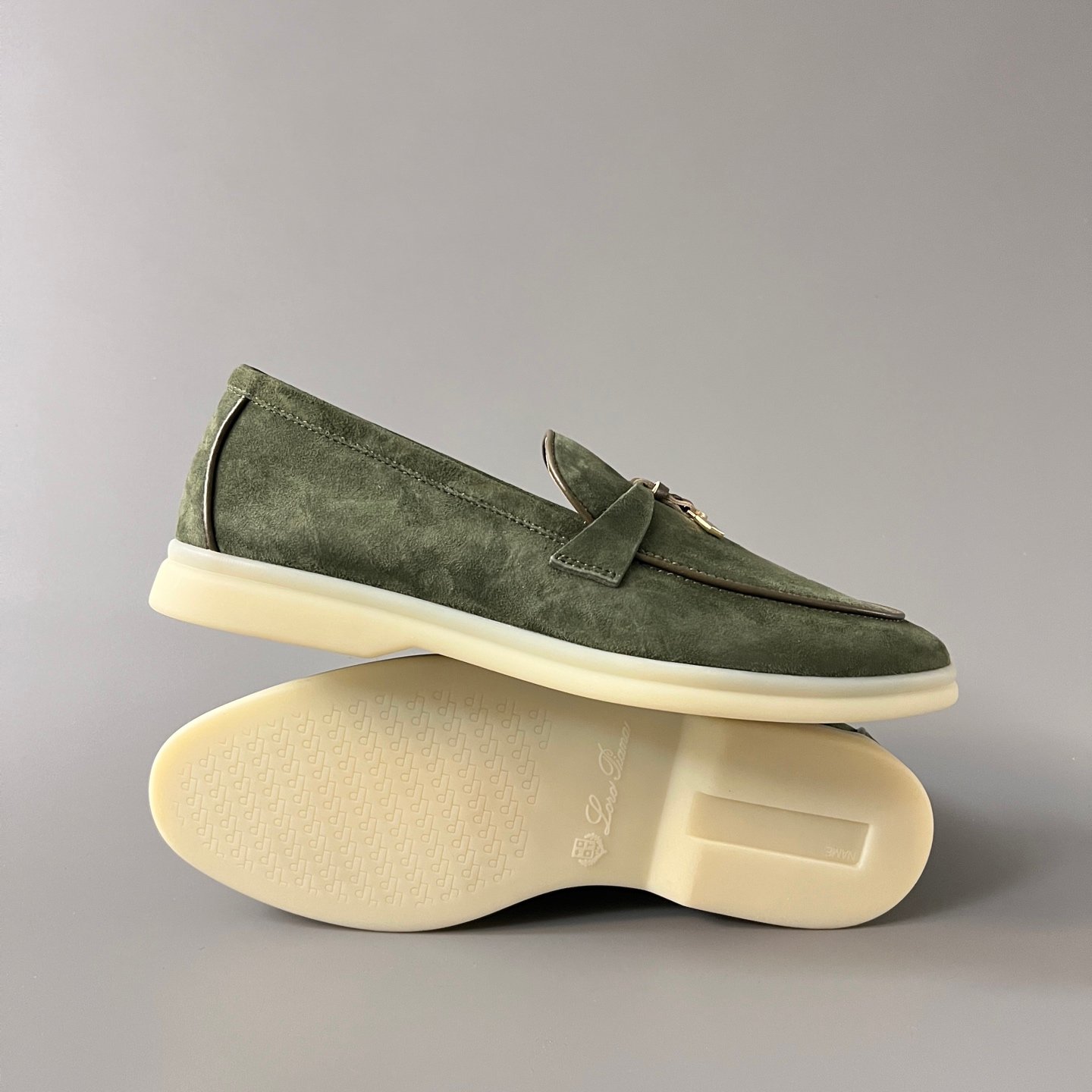 Aurora Custom Loro Piana Classic Summer Charms Walk Loafer - Sage Green Suede with Olive Contrast Piping (Women's Edition) - Image 6