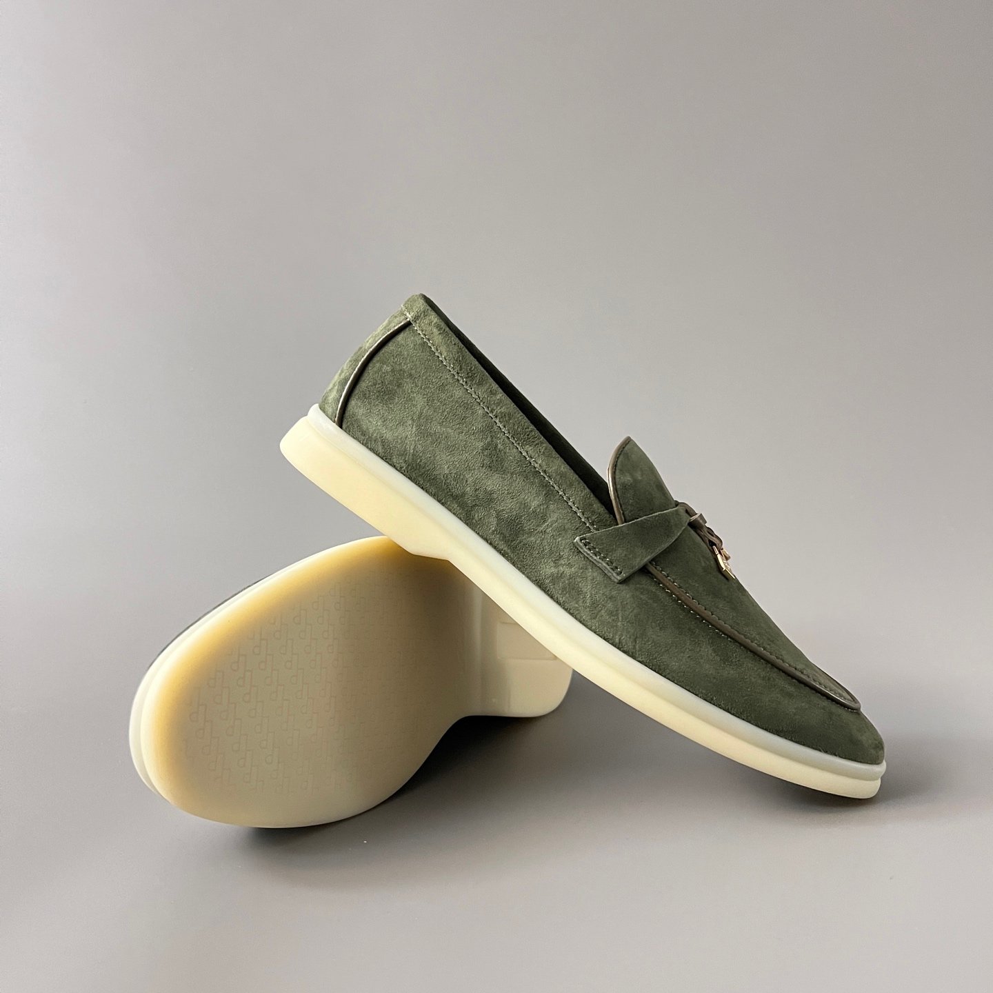 Aurora Custom Loro Piana Classic Summer Charms Walk Loafer - Sage Green Suede with Olive Contrast Piping (Women's Edition) - Image 7
