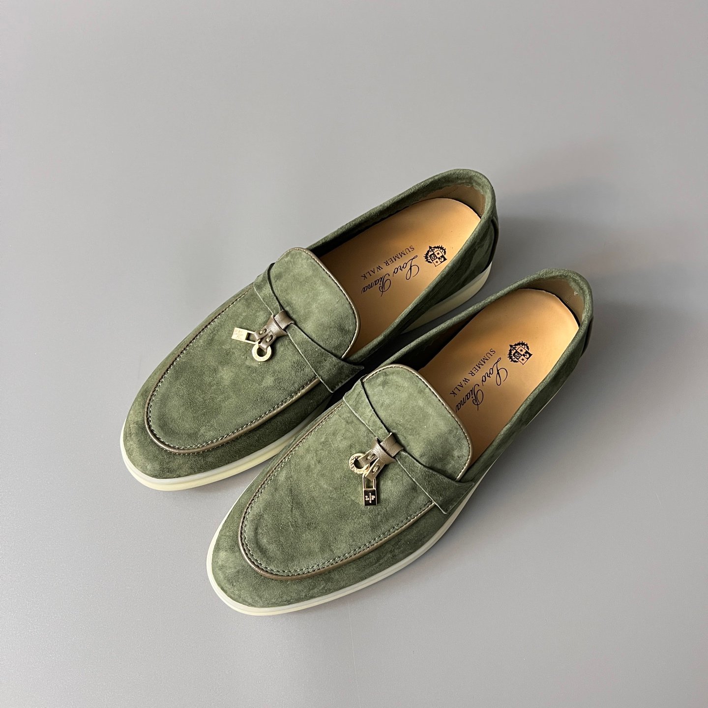 Aurora Custom Loro Piana Classic Summer Charms Walk Loafer - Sage Green Suede with Olive Contrast Piping (Women's Edition) - Image 8