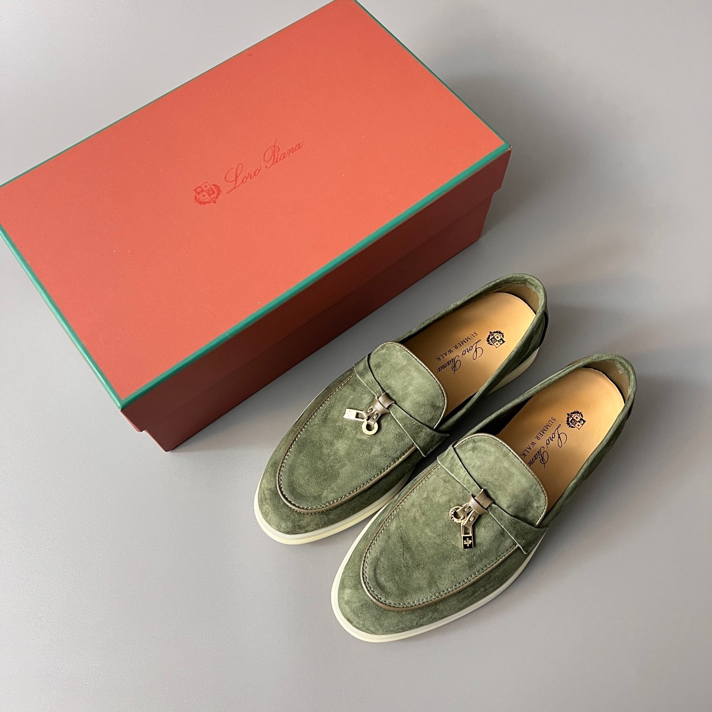 Aurora Custom Loro Piana Classic Summer Charms Walk Loafer - Sage Green Suede with Olive Contrast Piping (Women's Edition) - Image 9