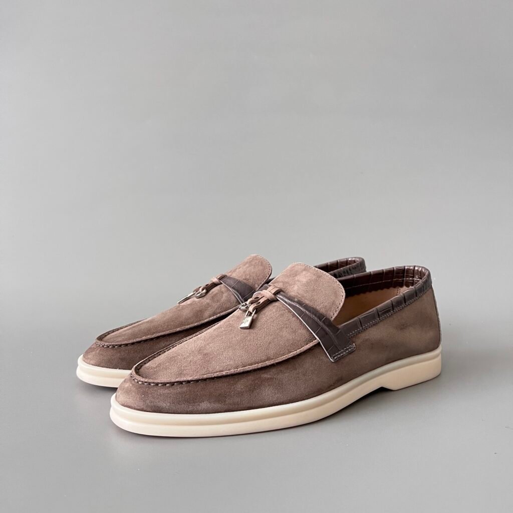 Aurora Custom Loro Piana Classic Summer Charms Walk Loafer - Taupe Suede with Alligator-Embossed Leather Trim (Women's Edition)