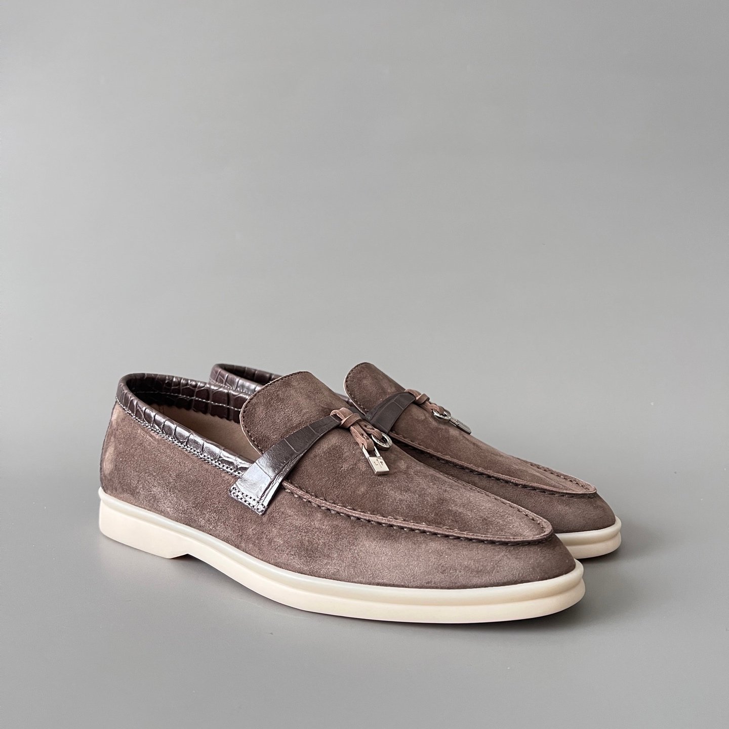 Aurora Custom Loro Piana Classic Summer Charms Walk Loafer - Taupe Suede with Alligator-Embossed Leather Trim (Women's Edition) - Image 3