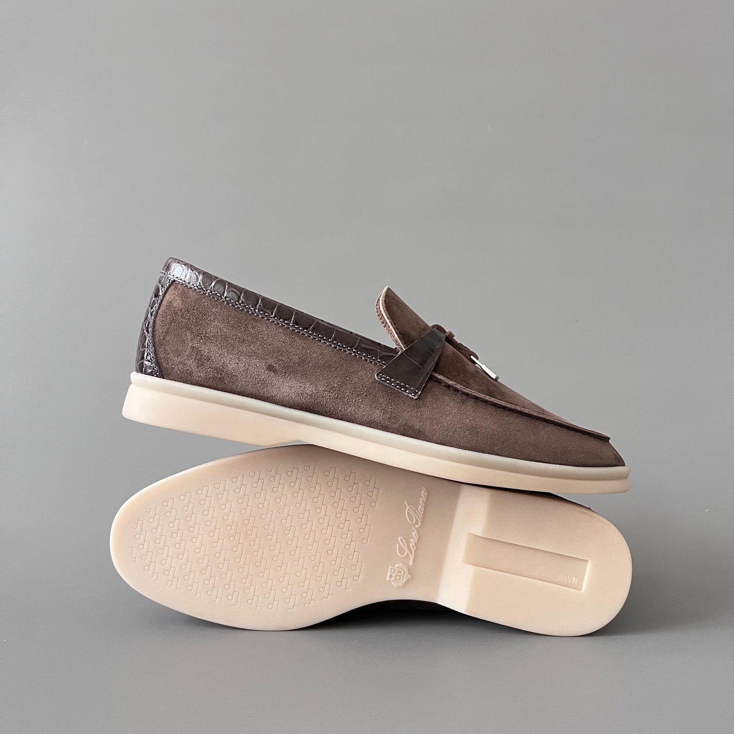 Aurora Custom Loro Piana Classic Summer Charms Walk Loafer - Taupe Suede with Alligator-Embossed Leather Trim (Women's Edition) - Image 6