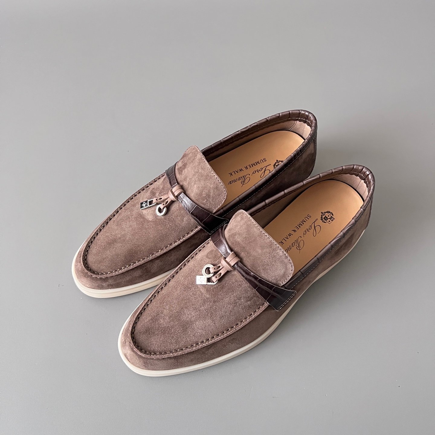 Aurora Custom Loro Piana Classic Summer Charms Walk Loafer - Taupe Suede with Alligator-Embossed Leather Trim (Women's Edition) - Image 8