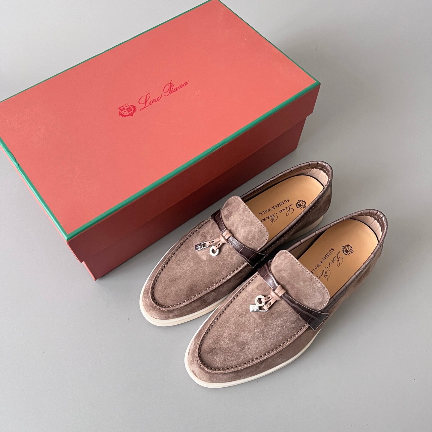 Aurora Custom Loro Piana Classic Summer Charms Walk Loafer - Taupe Suede with Alligator-Embossed Leather Trim (Women's Edition) - Image 9