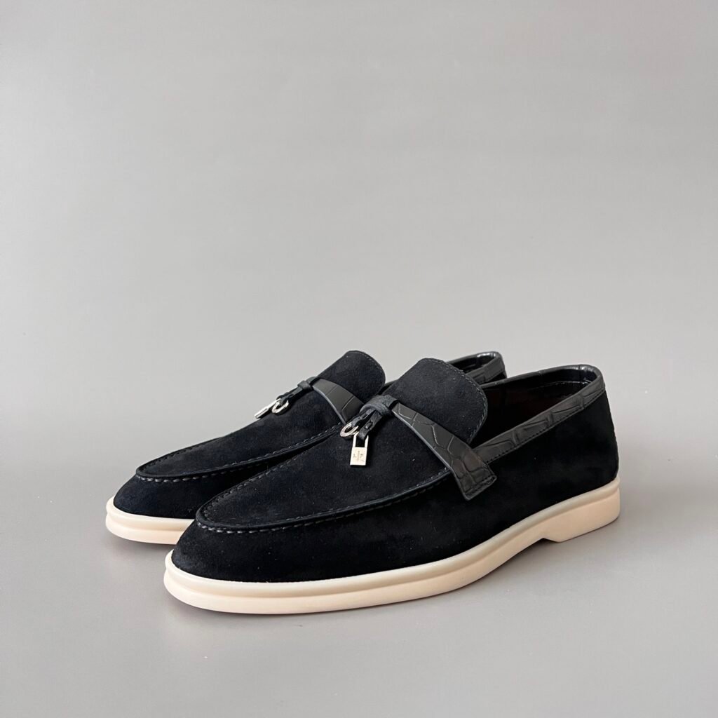 Aurora Custom Loro Piana Classic Summer Charms Walk Loafer - Black Suede with Alligator-Embossed Leather Trim (Women's Edition)