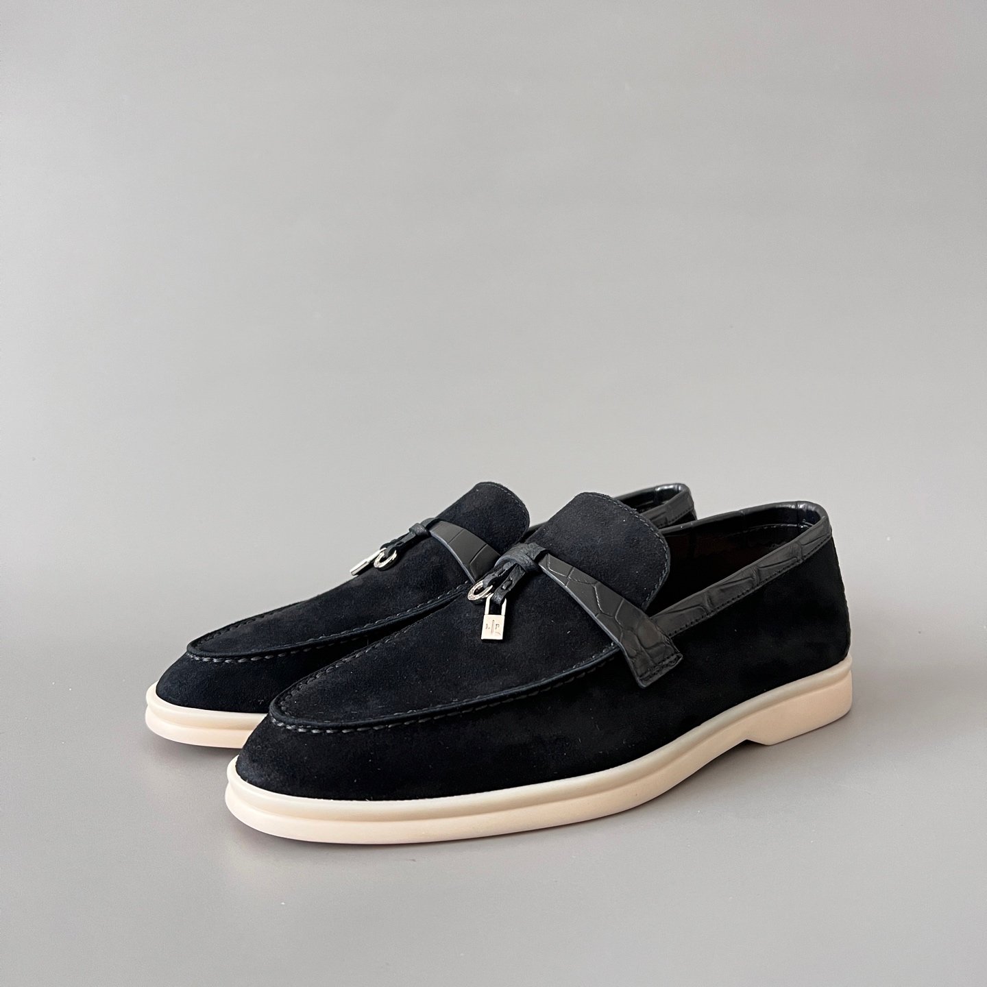 Aurora Custom Loro Piana Classic Summer Charms Walk Loafer - Black Suede with Alligator-Embossed Leather Trim (Women's Edition)