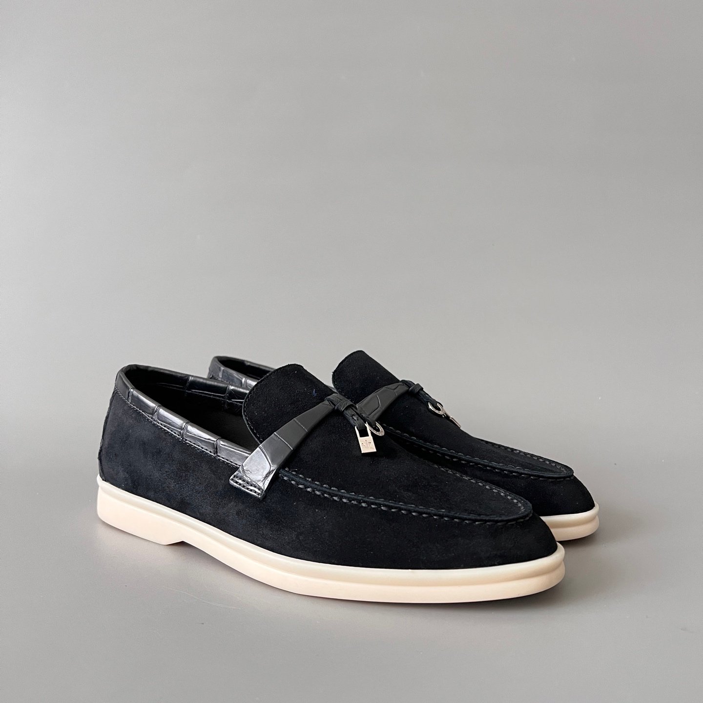 Aurora Custom Loro Piana Classic Summer Charms Walk Loafer - Black Suede with Alligator-Embossed Leather Trim (Women's Edition) - Image 3