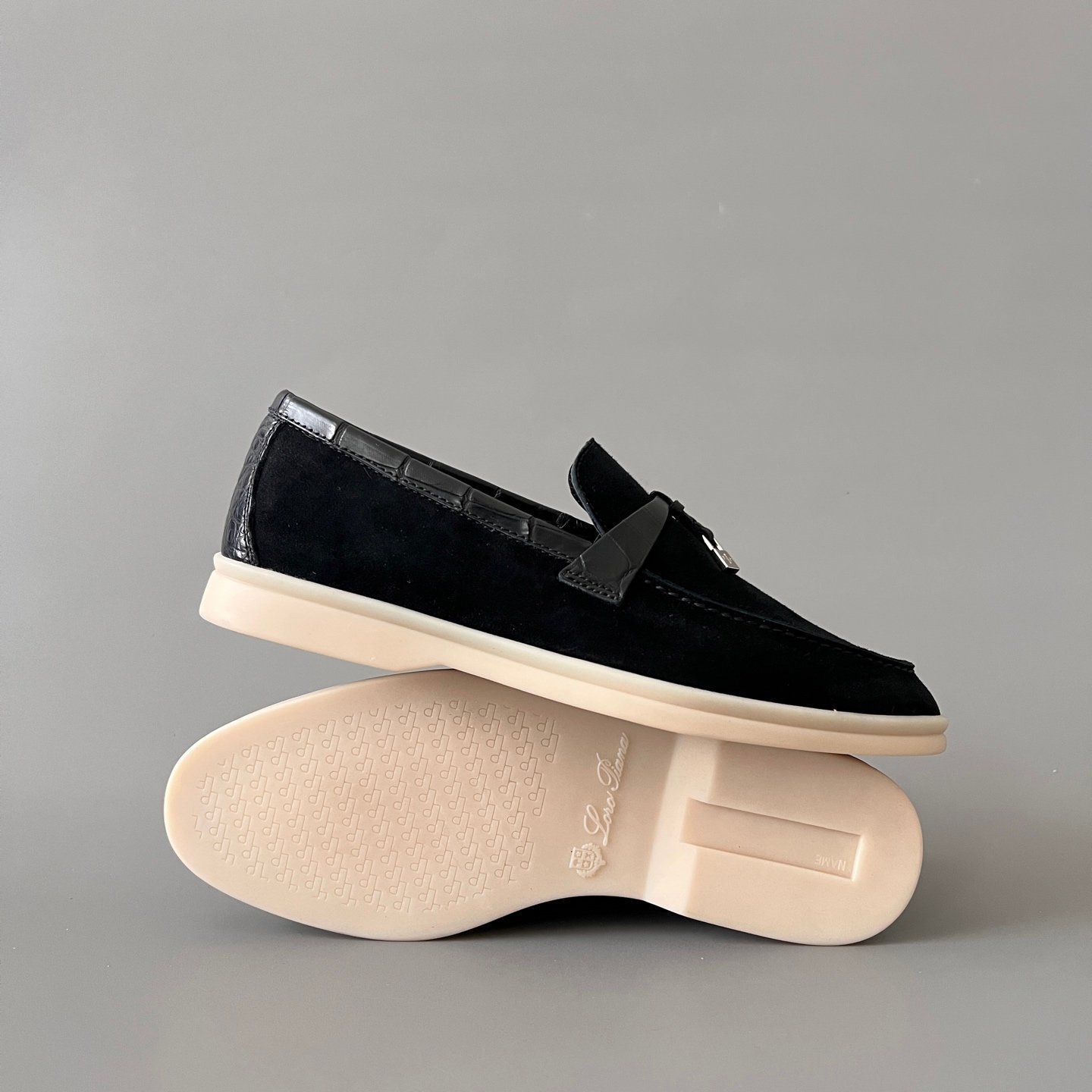 Aurora Custom Loro Piana Classic Summer Charms Walk Loafer - Black Suede with Alligator-Embossed Leather Trim (Women's Edition) - Image 6