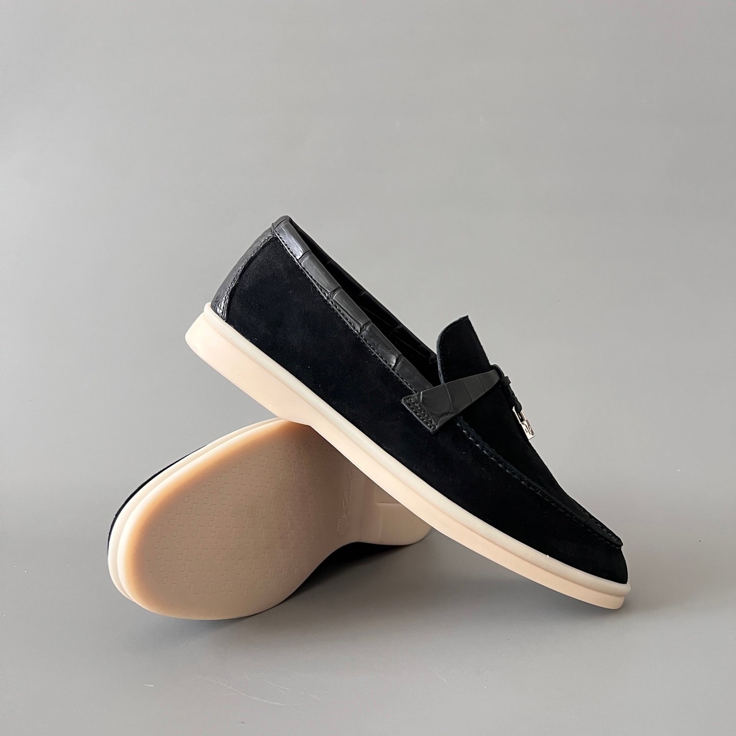 Aurora Custom Loro Piana Classic Summer Charms Walk Loafer - Black Suede with Alligator-Embossed Leather Trim (Women's Edition) - Image 7