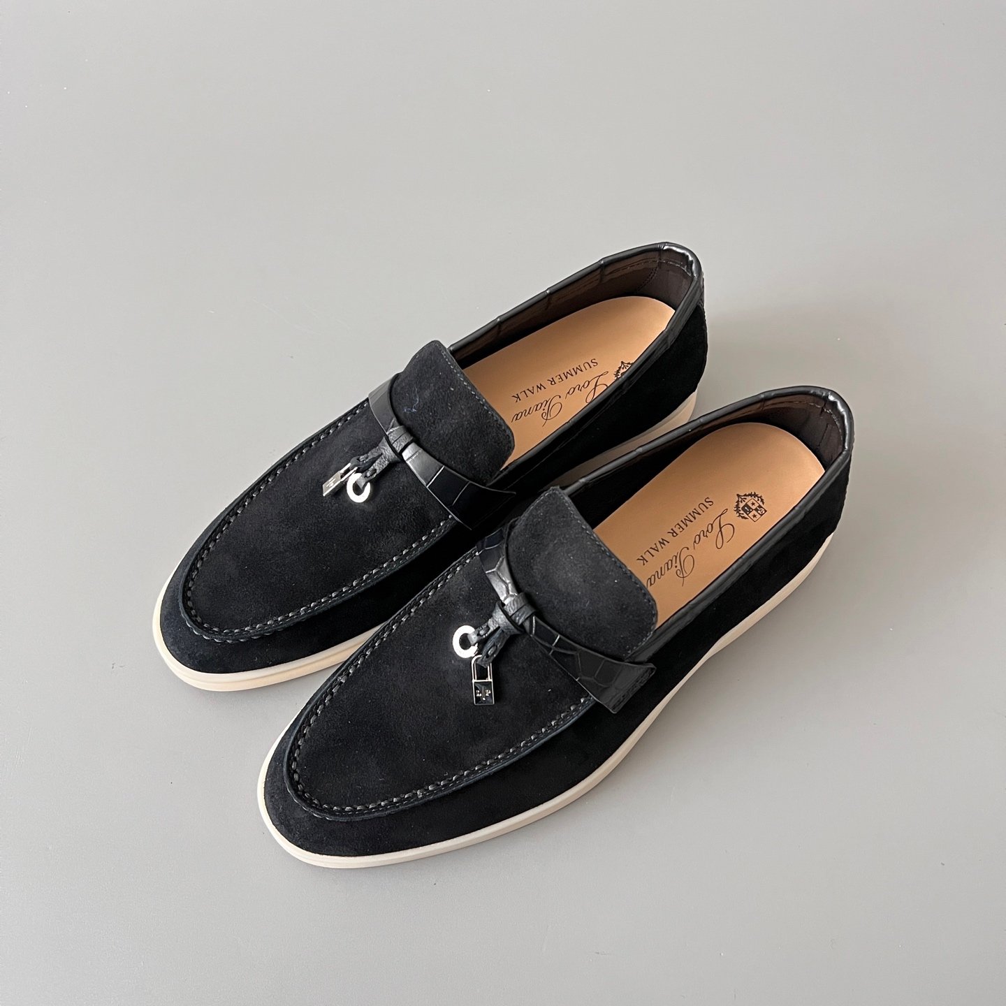 Aurora Custom Loro Piana Classic Summer Charms Walk Loafer - Black Suede with Alligator-Embossed Leather Trim (Women's Edition) - Image 8