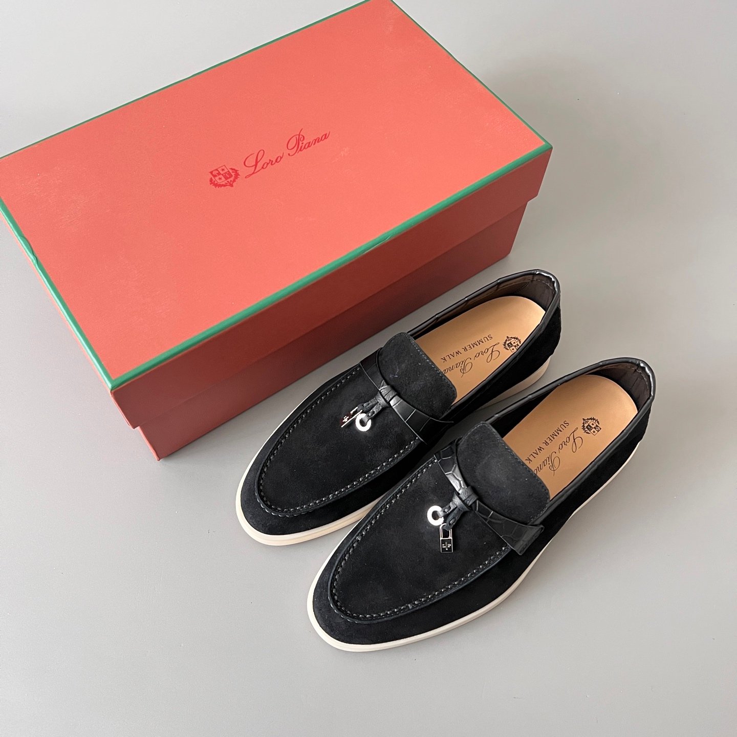 Aurora Custom Loro Piana Classic Summer Charms Walk Loafer - Black Suede with Alligator-Embossed Leather Trim (Women's Edition) - Image 9