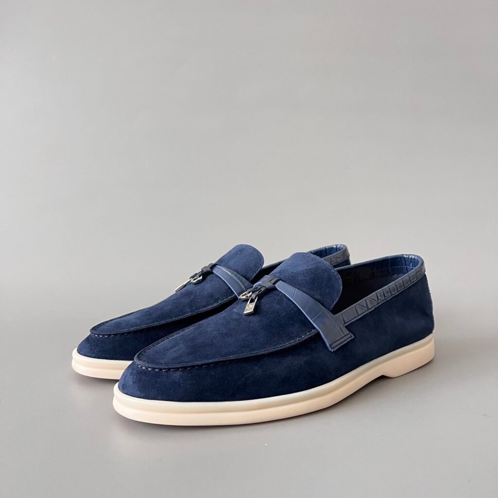 Aurora Custom Loro Piana Classic Summer Charms Walk Loafer - Midnight Navy Suede with Alligator-Embossed Leather Trim (Women's Edition)