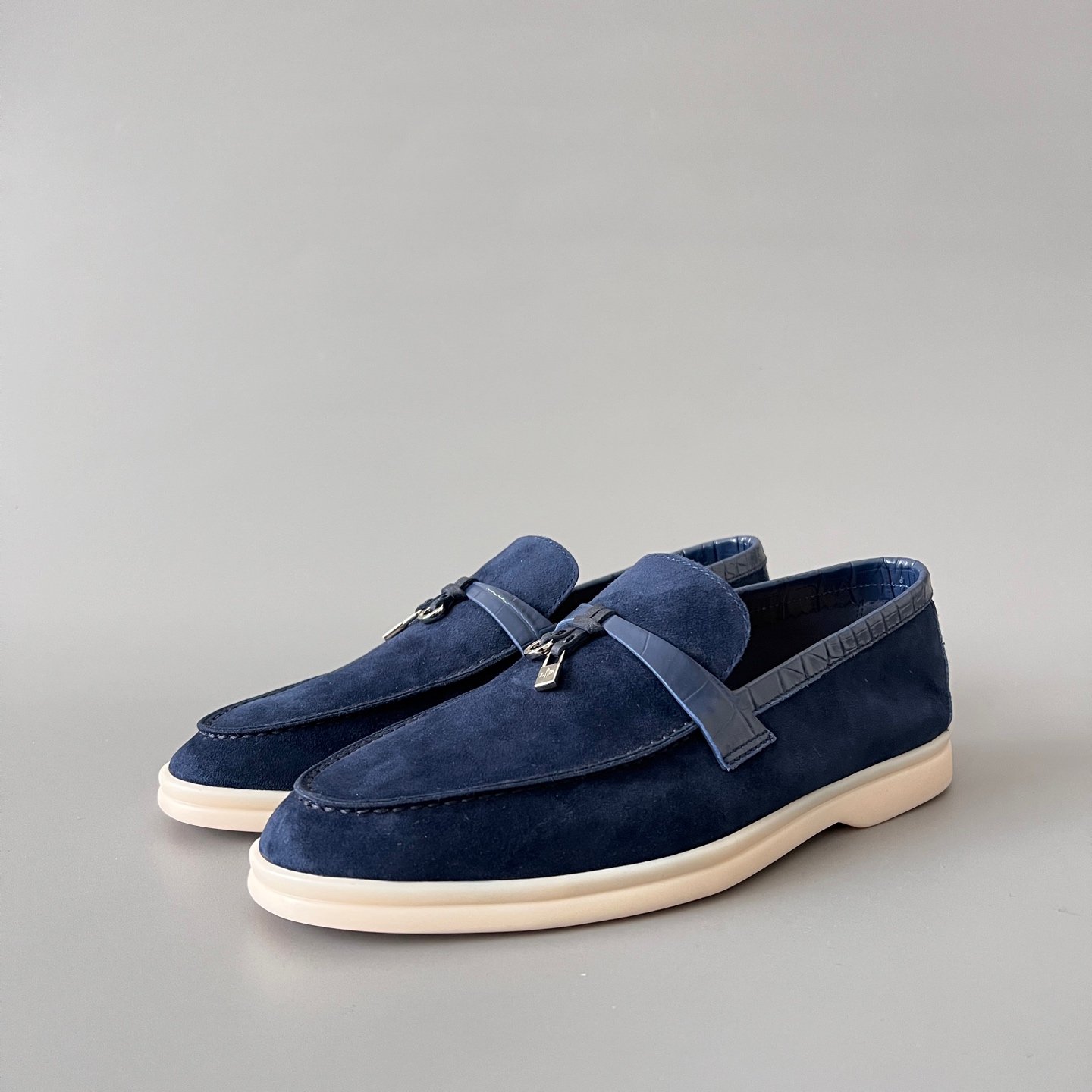 Aurora Custom Loro Piana Classic Summer Charms Walk Loafer - Midnight Navy Suede with Alligator-Embossed Leather Trim (Women's Edition)