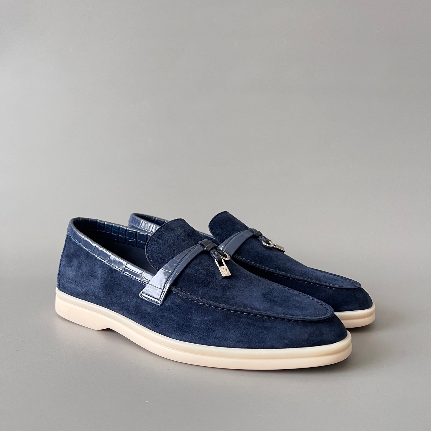 Aurora Custom Loro Piana Classic Summer Charms Walk Loafer - Midnight Navy Suede with Alligator-Embossed Leather Trim (Women's Edition) - Image 3