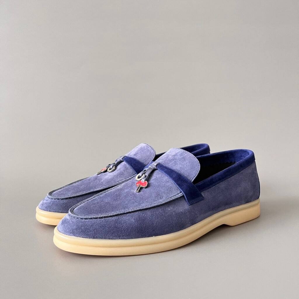 Aurora Custom Loro Piana Classic Summer Charms Walk Loafer - Periwinkle Blue Suede with Sapphire Contrast & Red Enamel Charm (Women's Edition)
