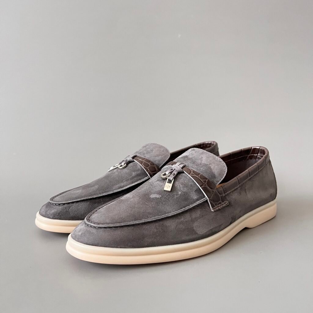 Aurora Custom Loro Piana Classic Summer Charms Walk Loafer - Charcoal Grey Suede with Alligator-Embossed Leather Trim (Women's Edition)