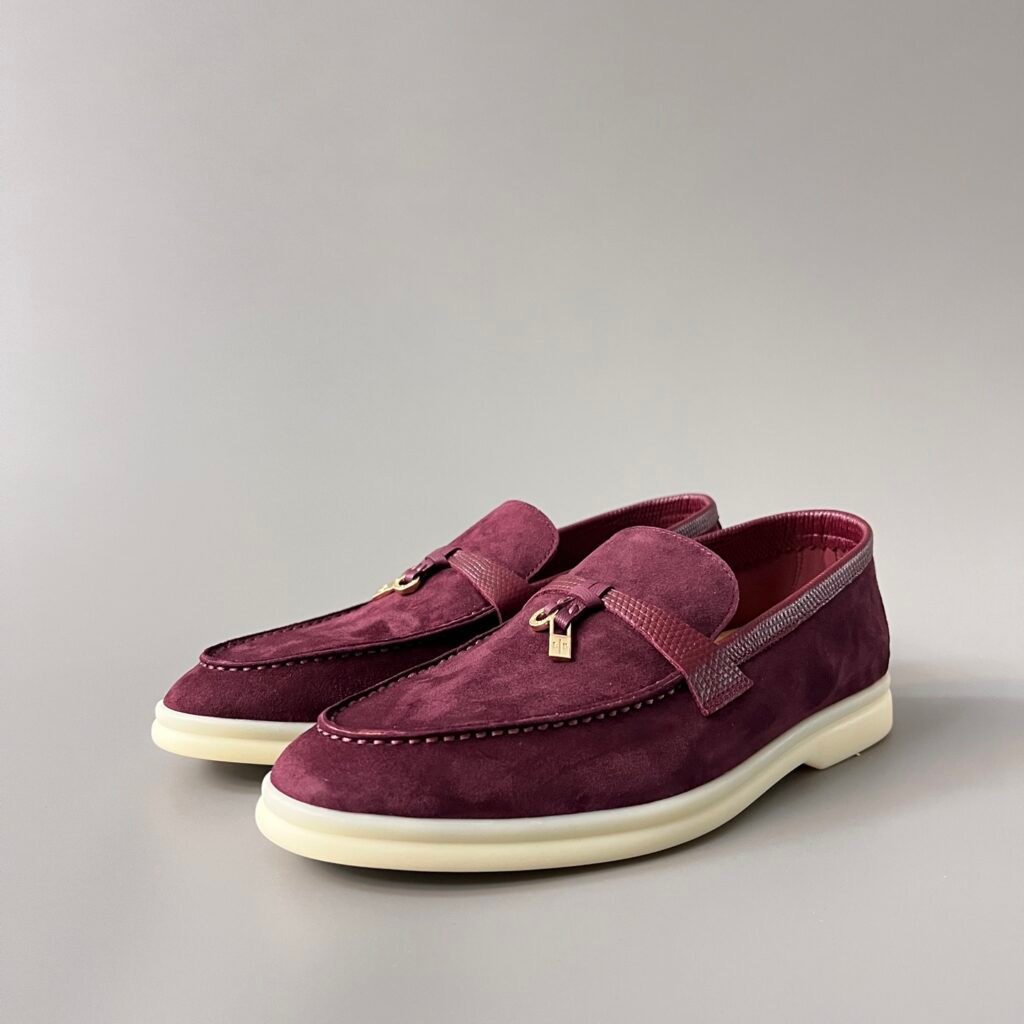 Aurora Custom Loro Piana Classic Summer Charms Walk Loafer - Burgundy Red Suede with Lizard-Embossed Leather Trim (Women's Edition)